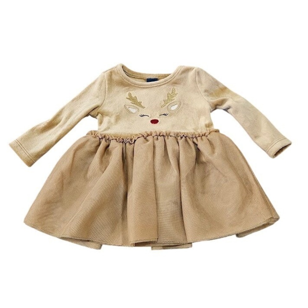 Old Navy Baby Girl Reindeer Velour Tulle Holiday Dress Tan Gold 0-3M Christmas